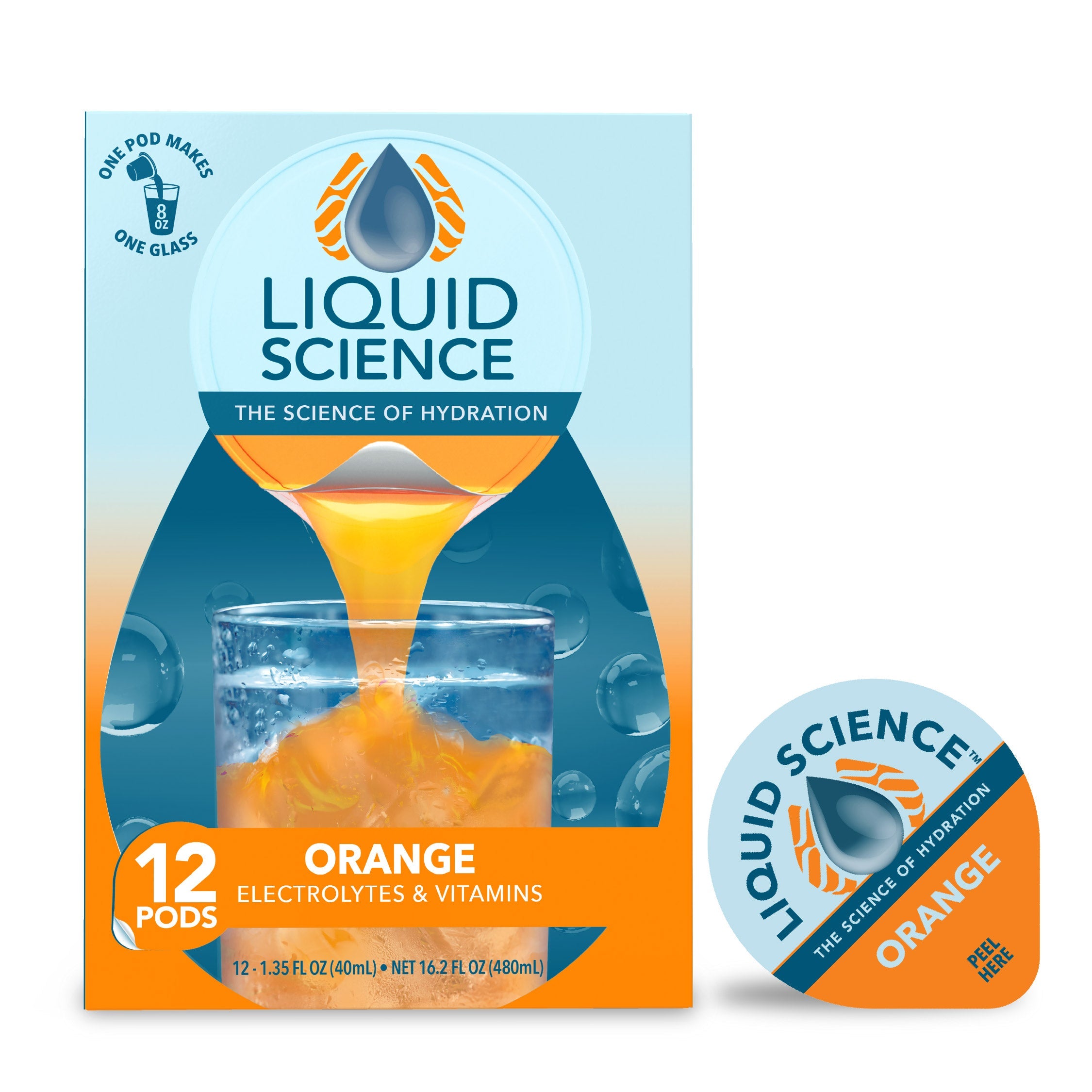 Java House Liquid Science Orange Hydration Pods in a vibrant orange packaging with hydration details visible.