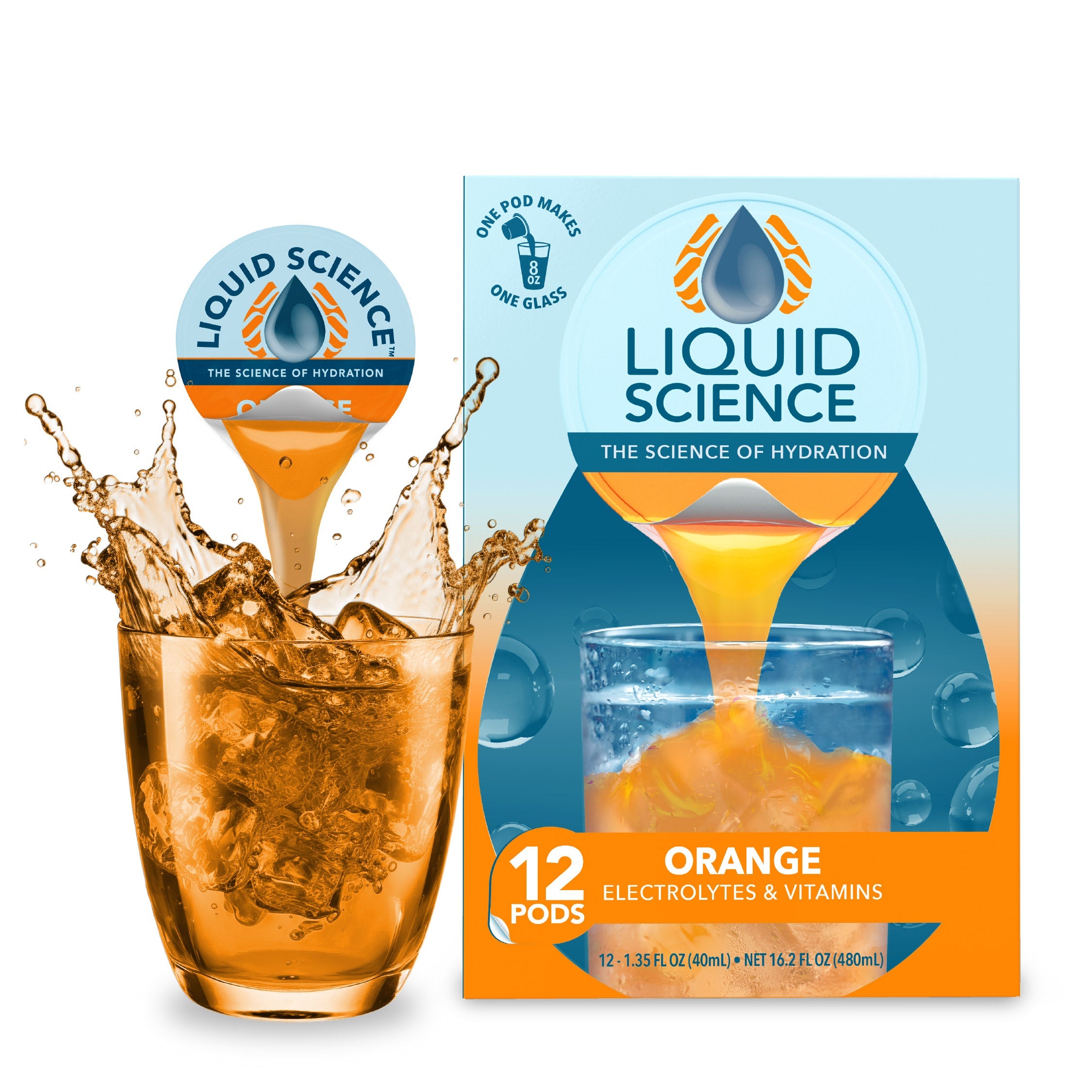 Java House Liquid Science Orange Hydration Pods in vibrant orange packaging with pod details visible.