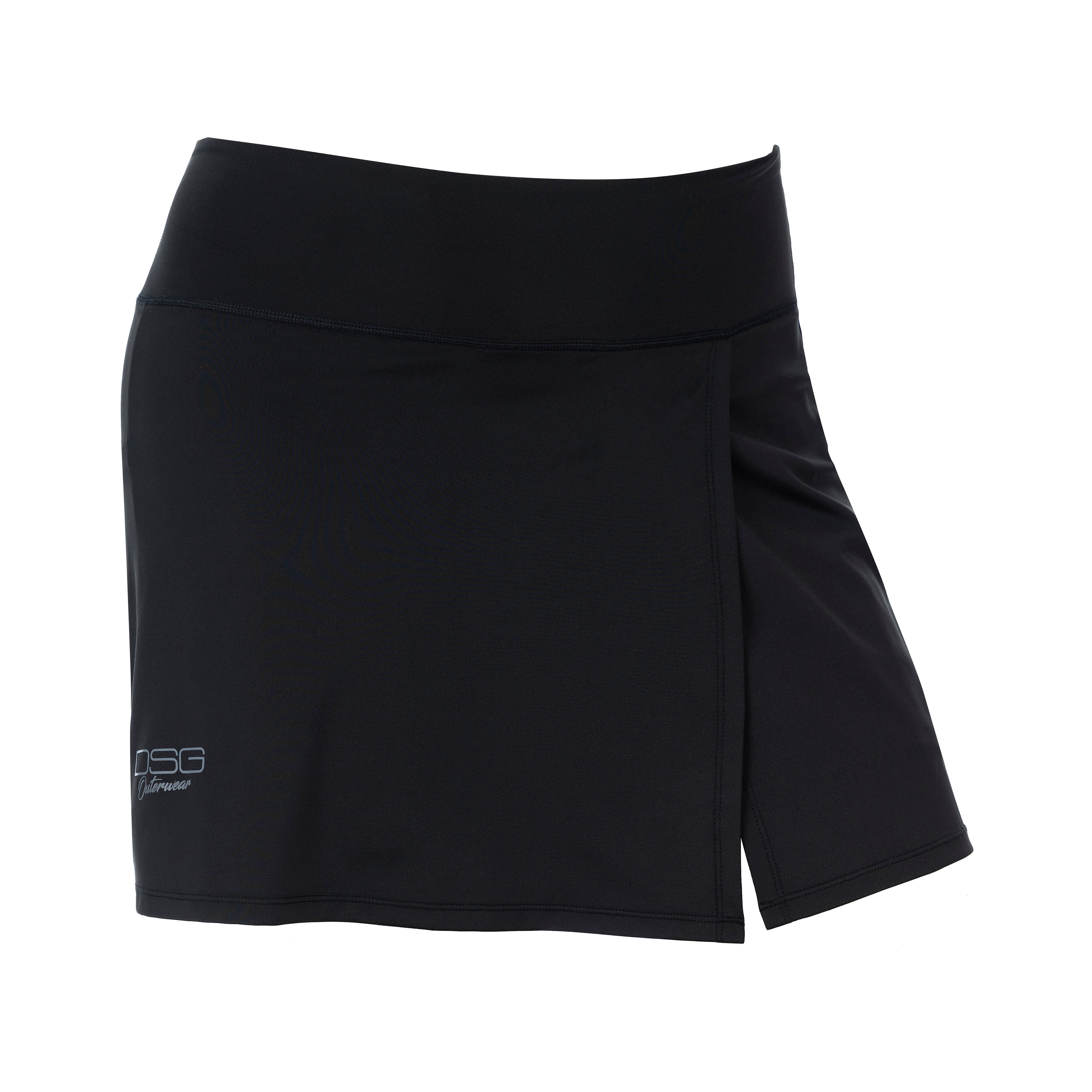 Black Lainy Skort by DSG OUTERWEAR featuring a front view with a sleek, fitted design and subtle stitching details.
