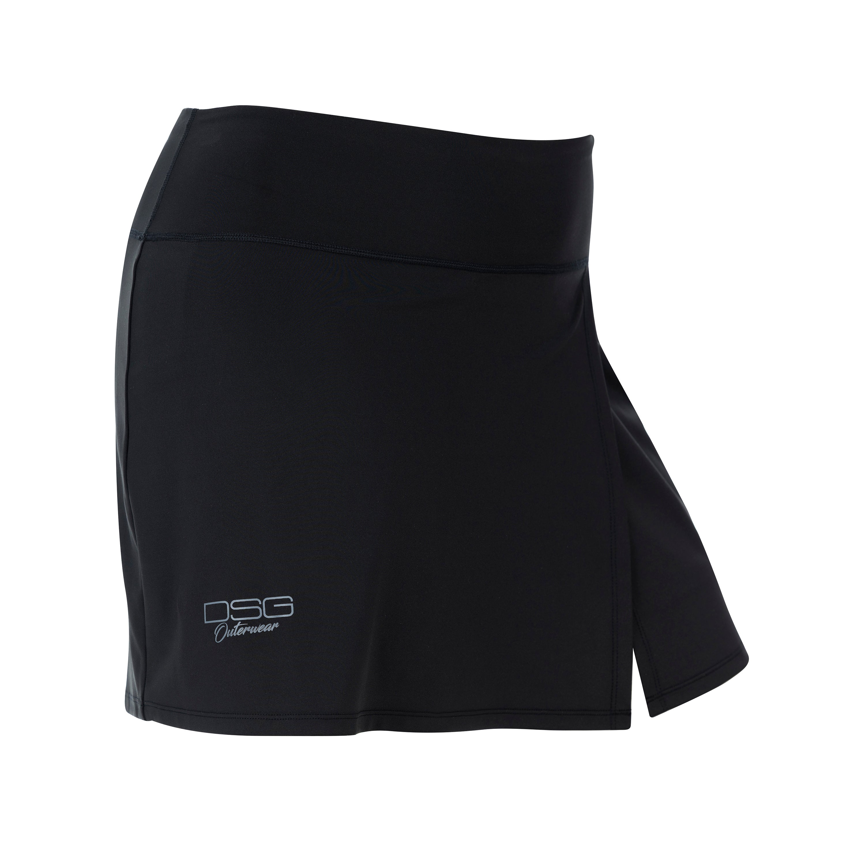 Black Lainy skort by DSG OUTERWEAR shown from the side view with a sleek, fitted design and side pocket details.