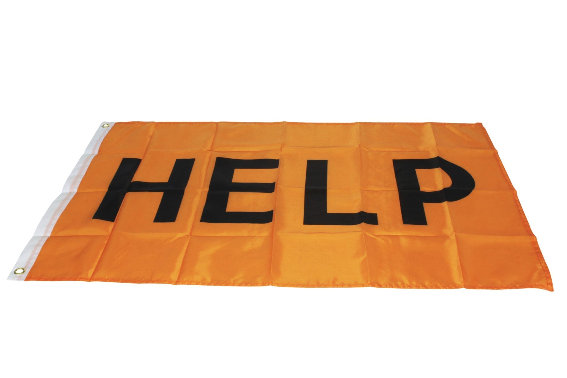 High visibility emergency help flag by quakekits.com, designed as a distress signal for outdoor safety and rescue situations.