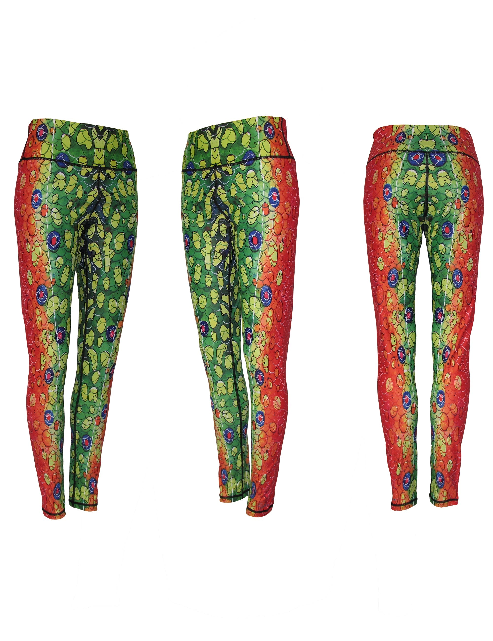 All sport leggings featuring a Brook Trout2 fish print pattern from Cognito Brands, Inc., showing the colorful fish design on the fabric.