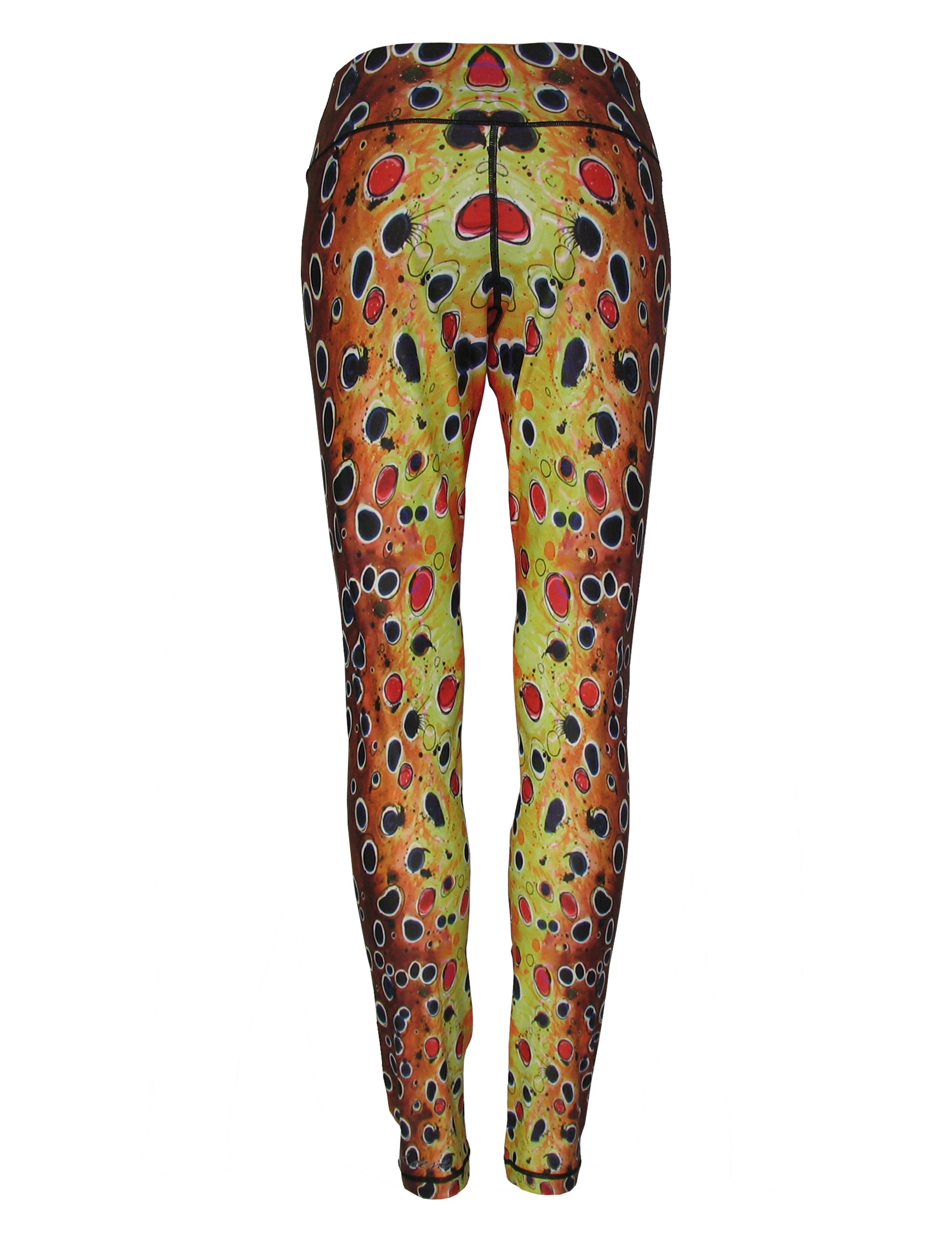 Brown trout fish print patterned all sport leggings by Cognito Brands, Inc., featuring a nature-inspired design with brown trout images.