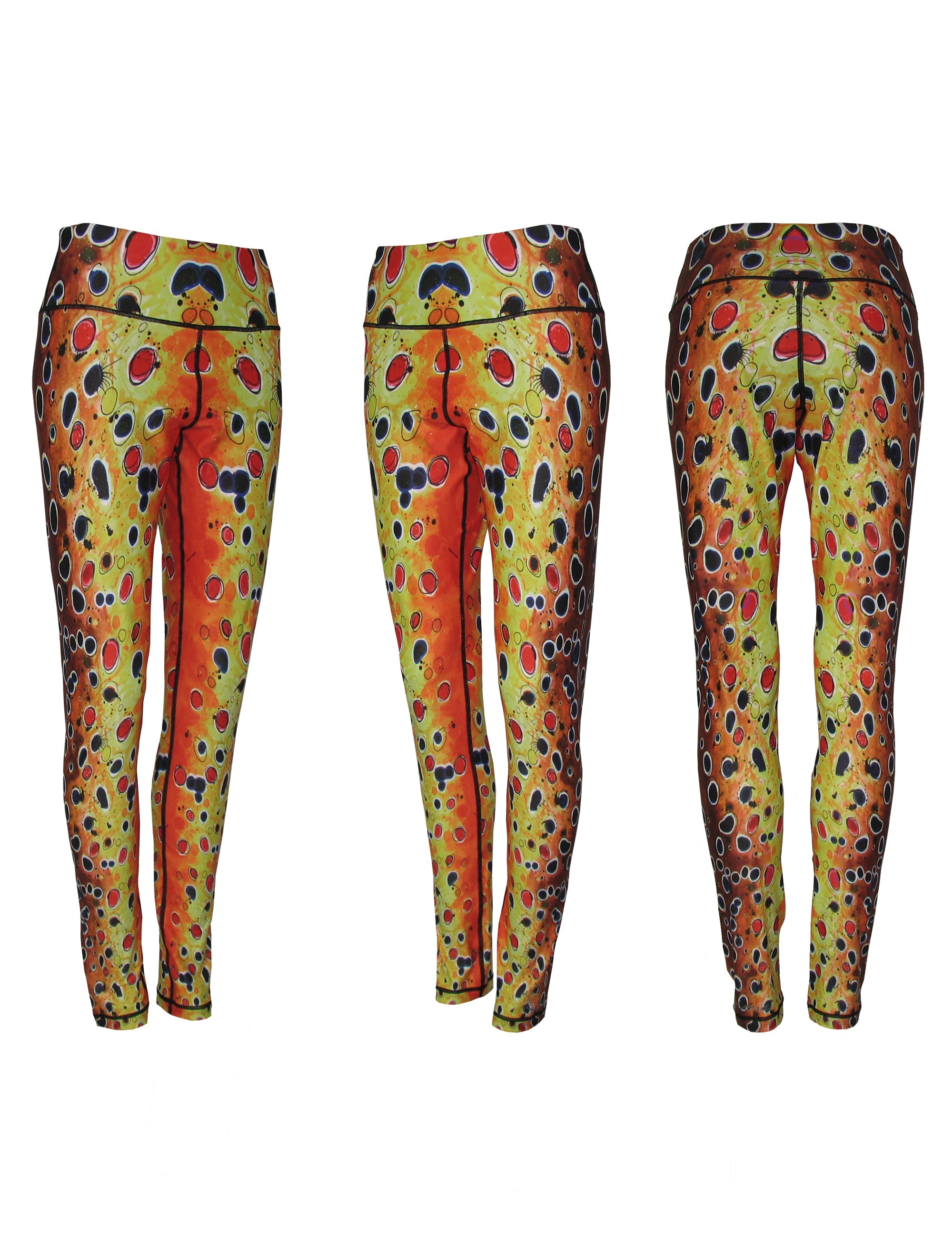 Brown trout fish print patterned all sport leggings by Cognito Brands, Inc., featuring a nature-inspired aquatic design.