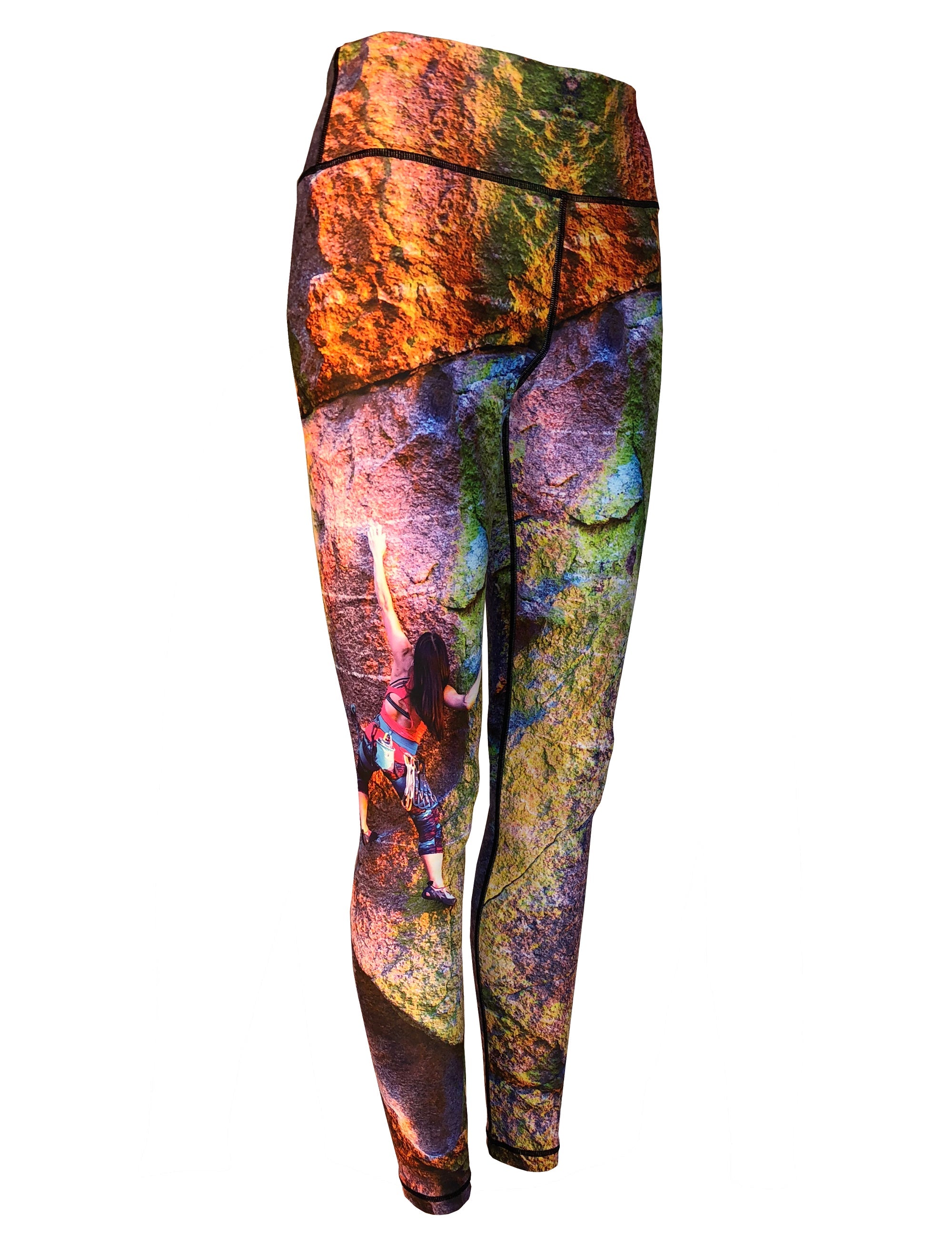 Cognito Brands JLP Climber mountain print patterned all sport leggings showing a close-up of the vibrant mountain design and stretchy fabric