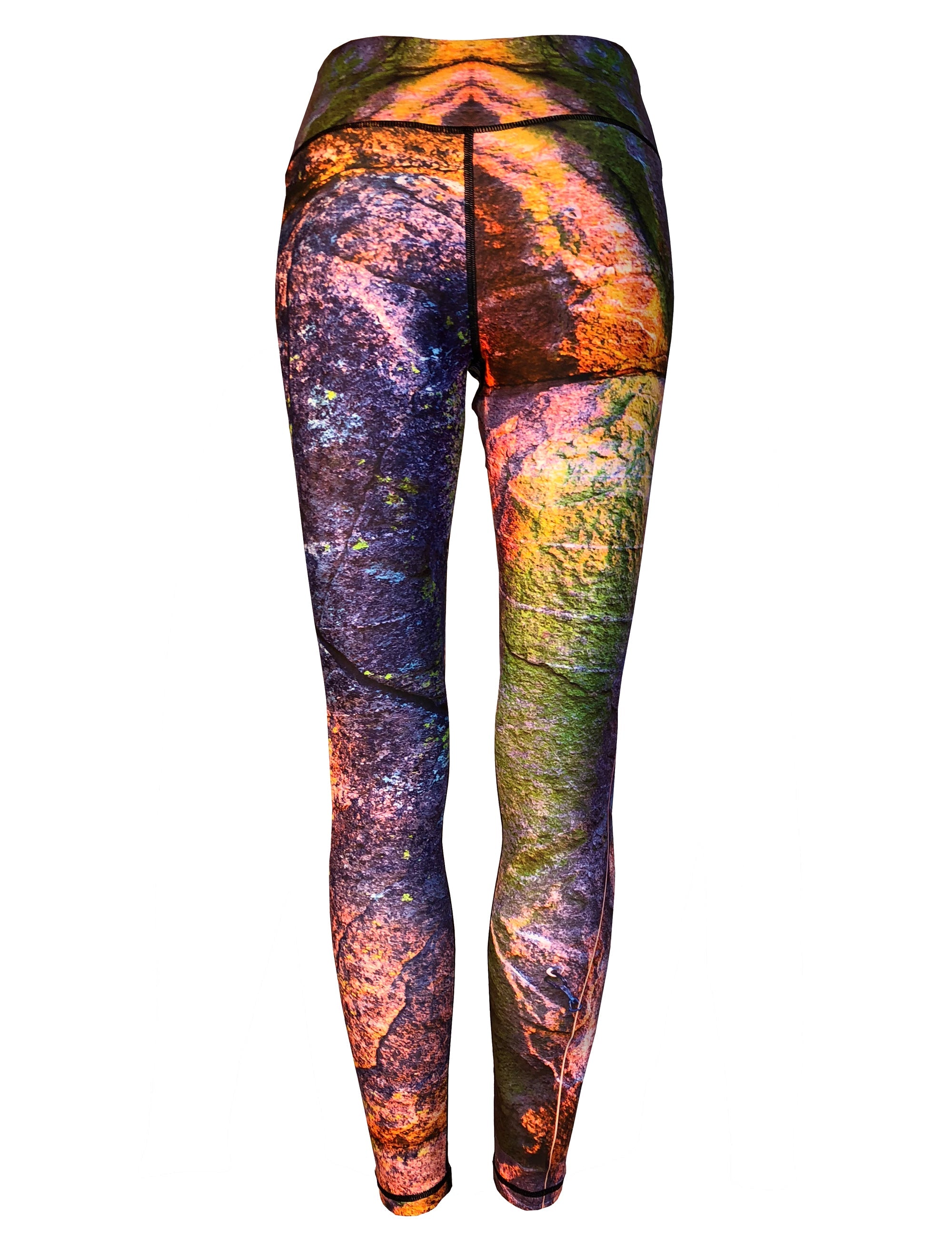 Cognito Brands JLP Climber mountain print patterned all sport leggings, close-up of colorful, stretchy athletic leggings for active wear