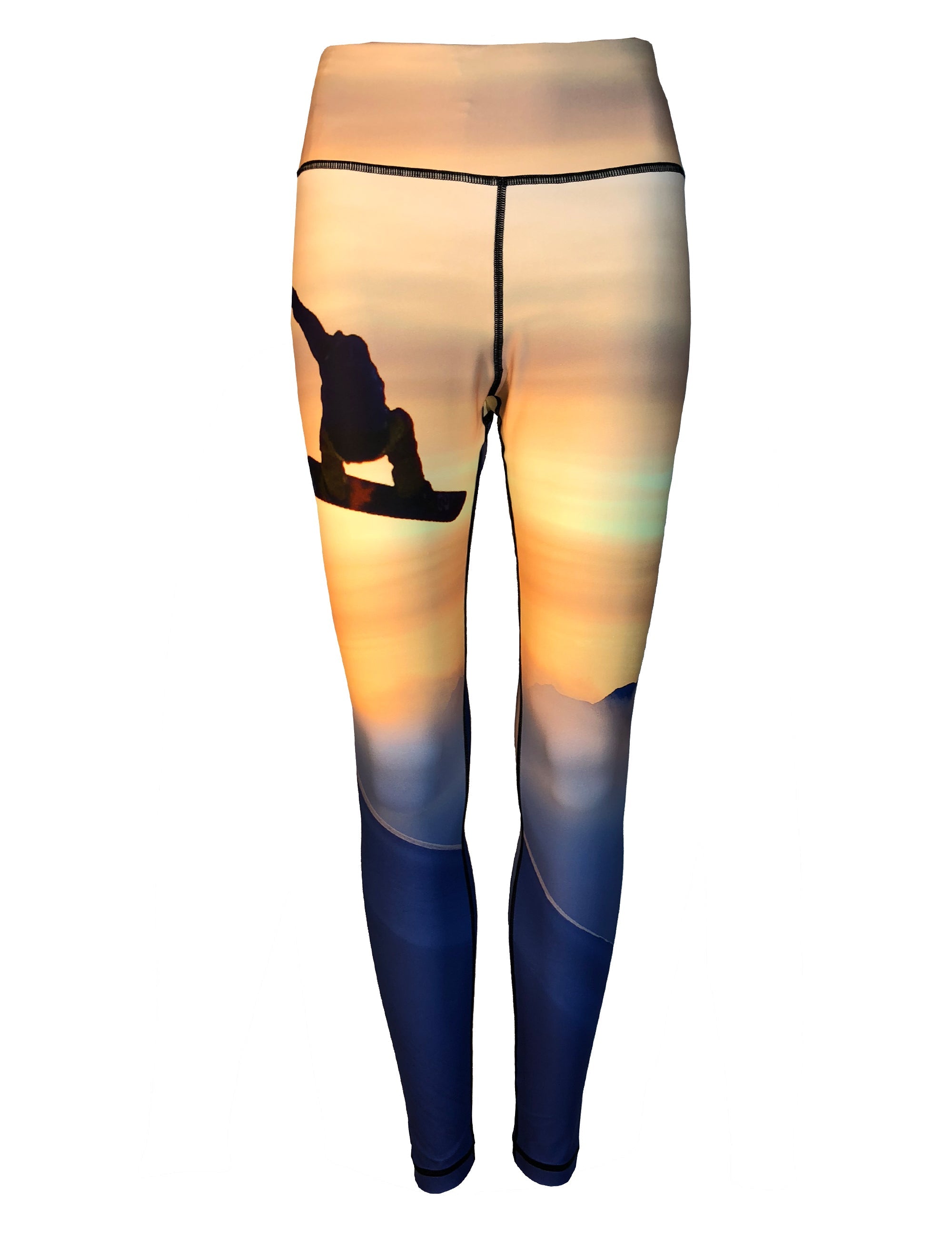 Patterned all sport leggings by Cognito Brands featuring a snowboarder mountain print design on stretchy athletic wear.