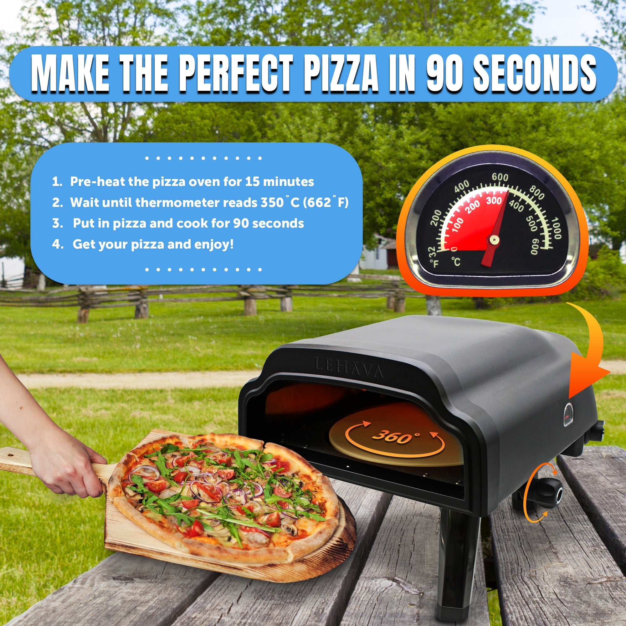 Flame King 14-inch outdoor propane pizza oven with rotating stone, showcasing a sleek design and grilling features.