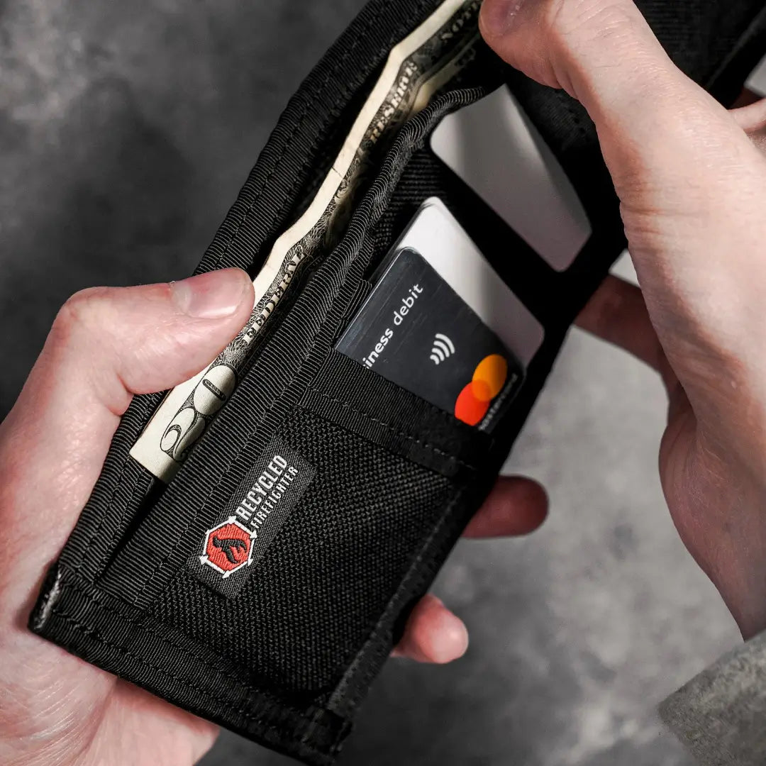 Recycled Firefighter Lieutenant Wallet Firehose Edition in black made from recycled firehose material, compact and durable.