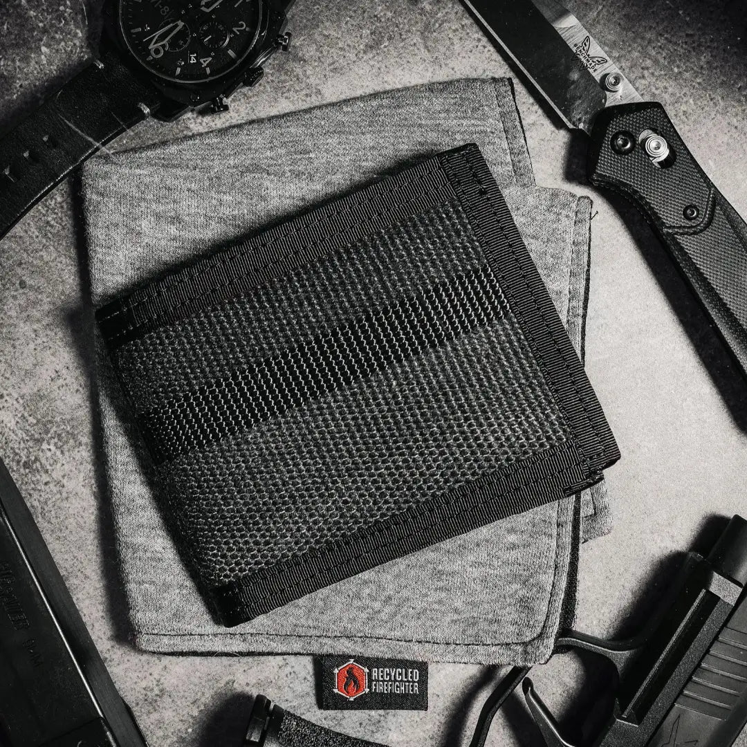 Recycled Firefighter Lieutenant Wallet Firehose Edition in black made from recycled fire hose material, showcasing durable craftsmanship.