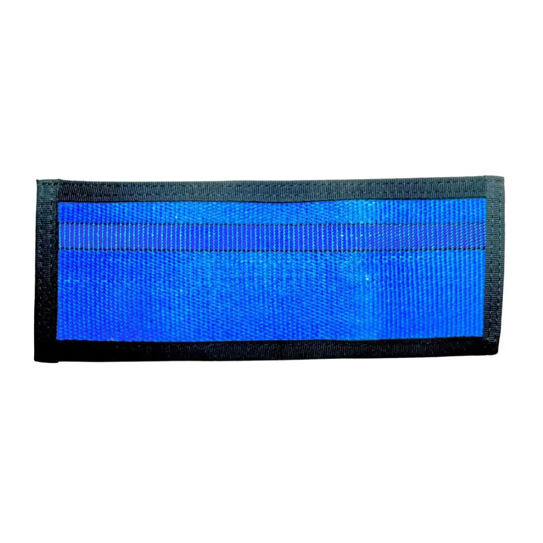 Recycled Firefighter Lieutenant Wallet Firehose Edition in blue, made from recycled fire hoses, featuring multiple card slots.