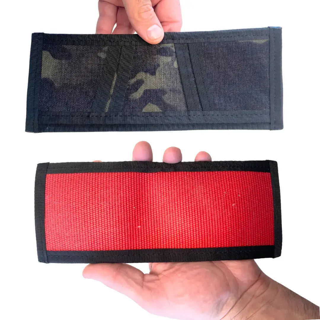 Recycled Firefighter Lieutenant Wallet Firehose Edition in red and Multicam camouflage with black accents, made from recycled firehose material.