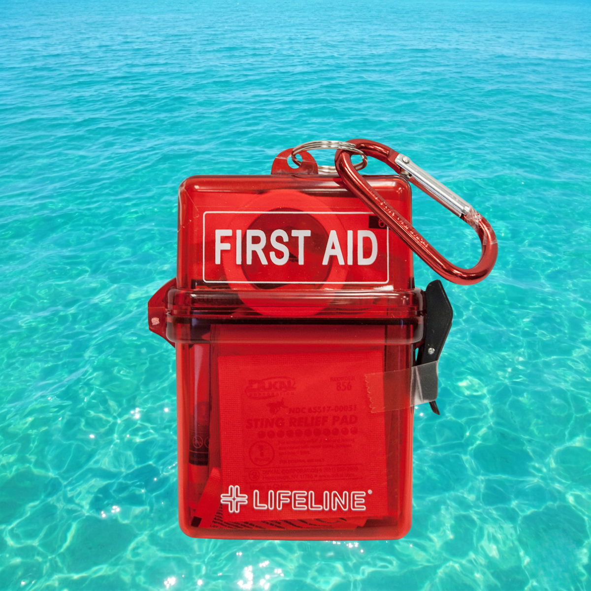 Red Lifeline waterproof first aid kit from QuakeKits for outdoor water, snow, and wilderness emergency medical supplies.