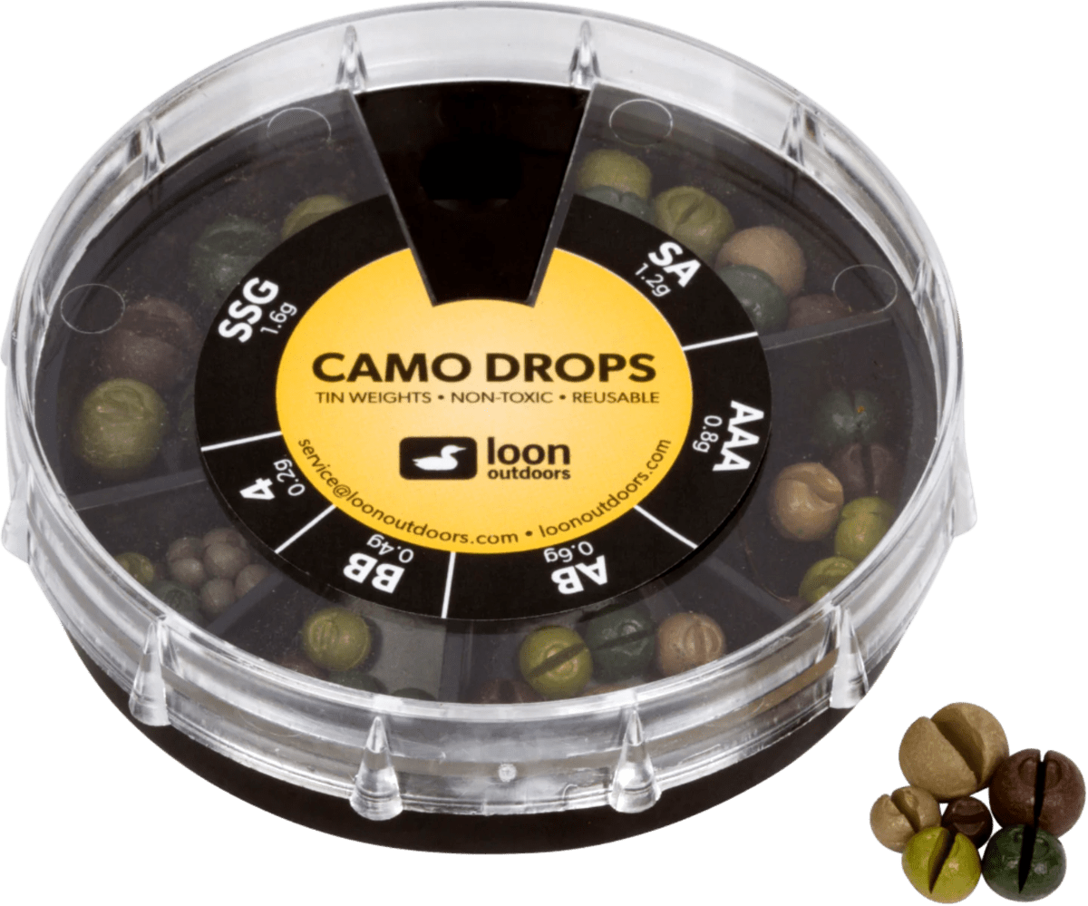 Loon™ Tin Drop Shot Assortments in a 6-compartment camouflage container for fishing tackle and bait storage.