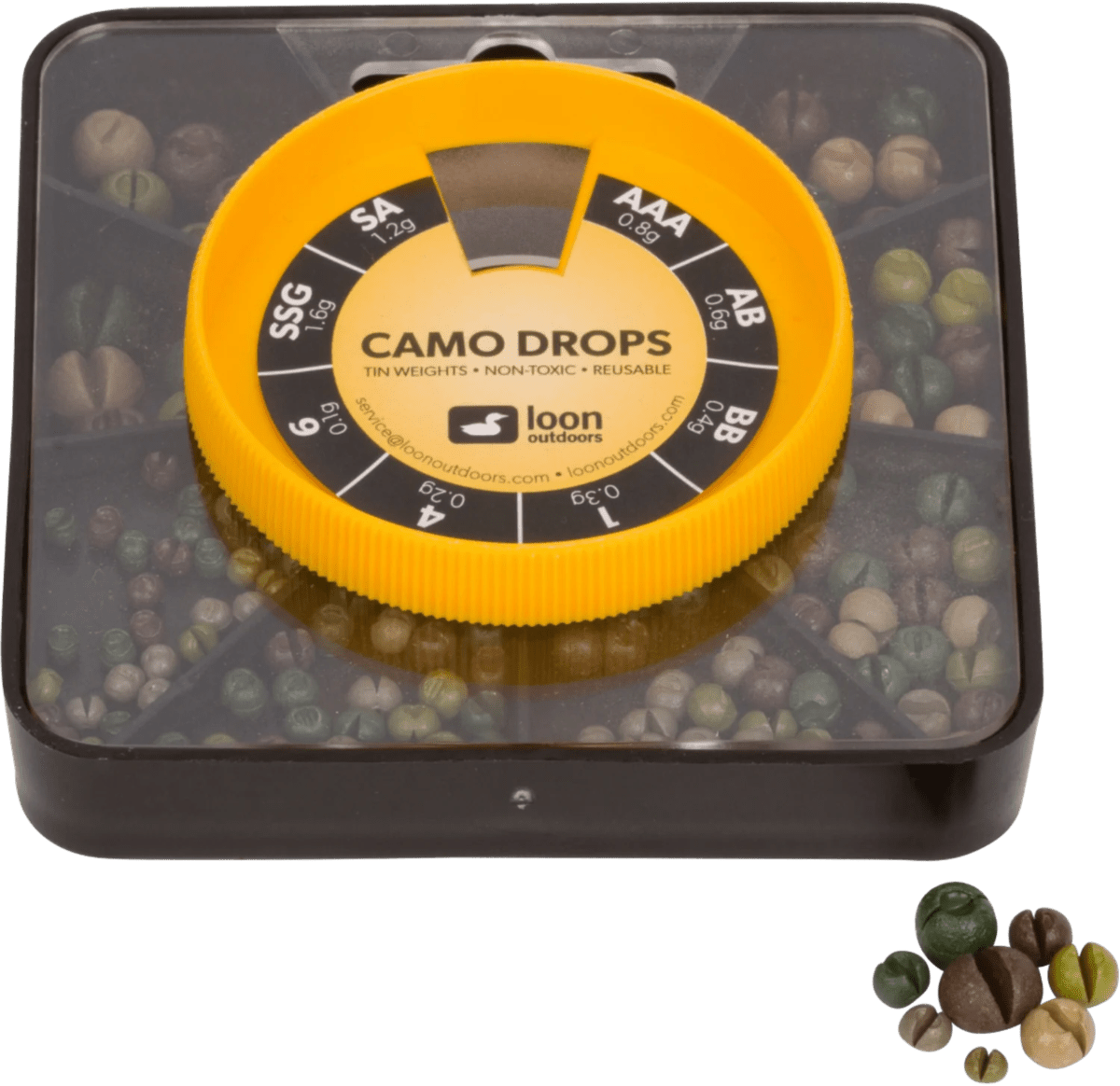 Loon™ Tin Drop Shot Assortments in a camo 8-compartment storage box, designed for fishing lures and tackle organization.