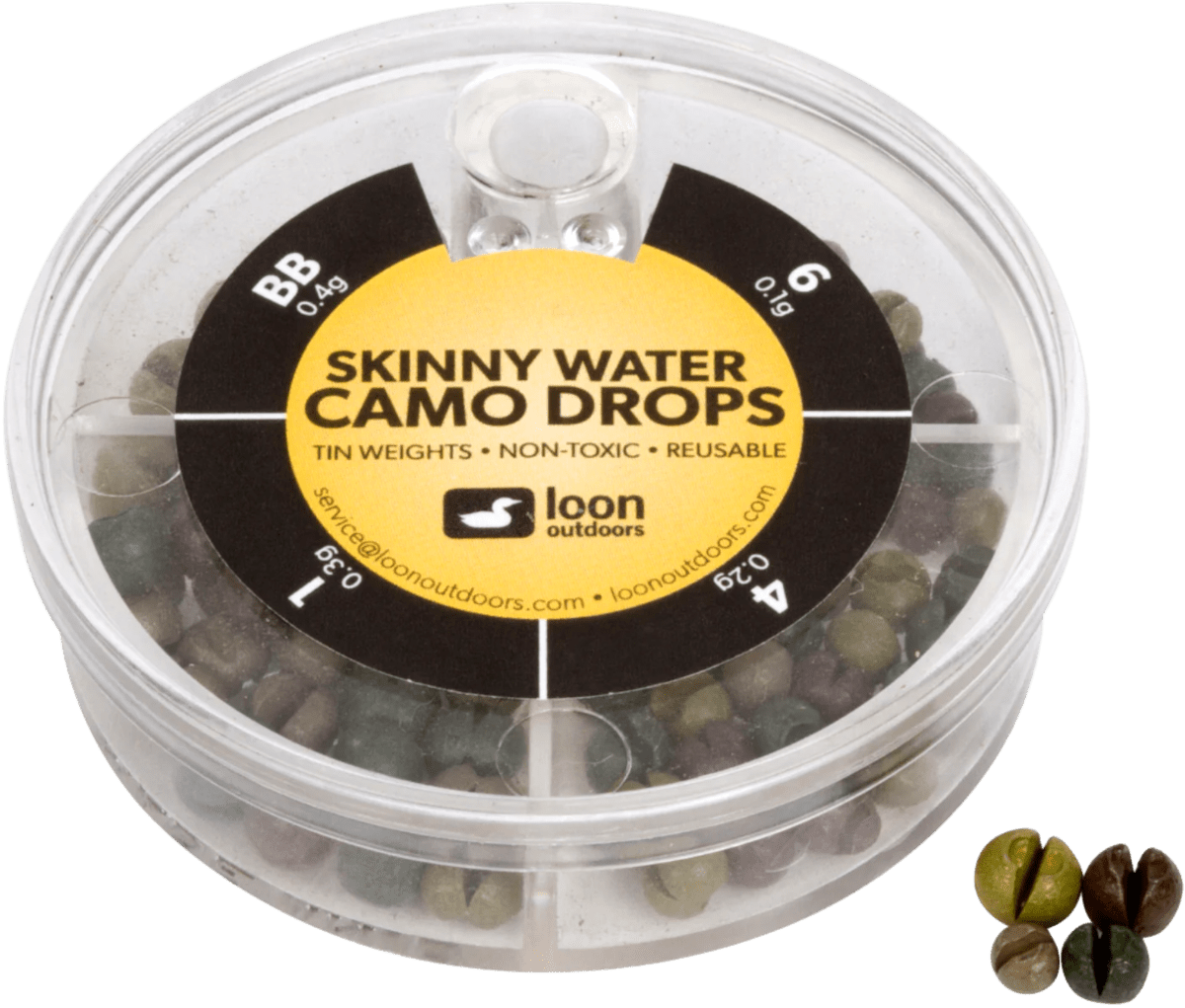 Loon Skinny Water Camo Drop Shot Assortments for fishing, featuring various colorful drops in a transparent container.