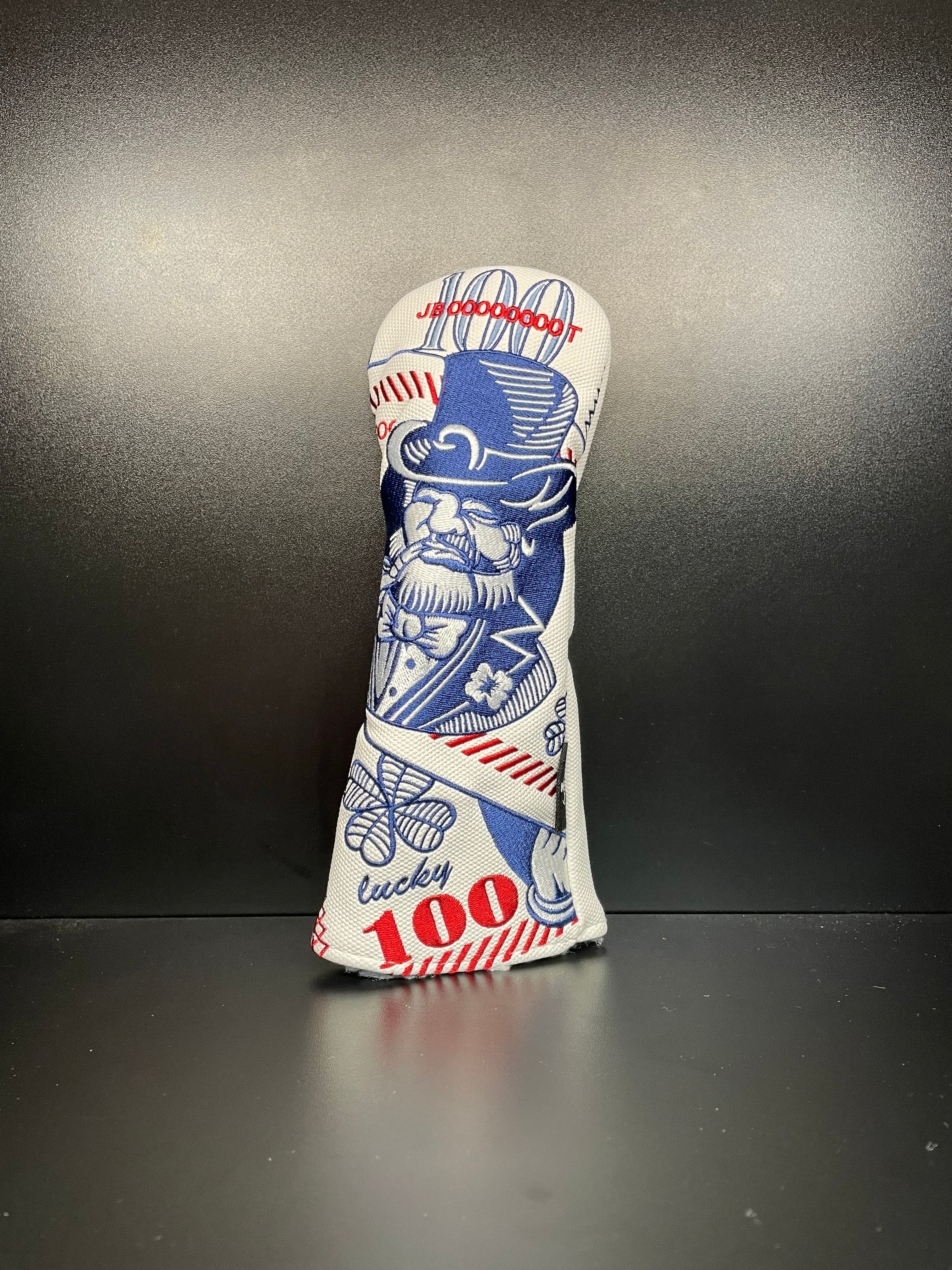 ParWestGolf Lucky 100 golf club headcover with vibrant design, protecting your clubs with a fun, lucky-themed style.