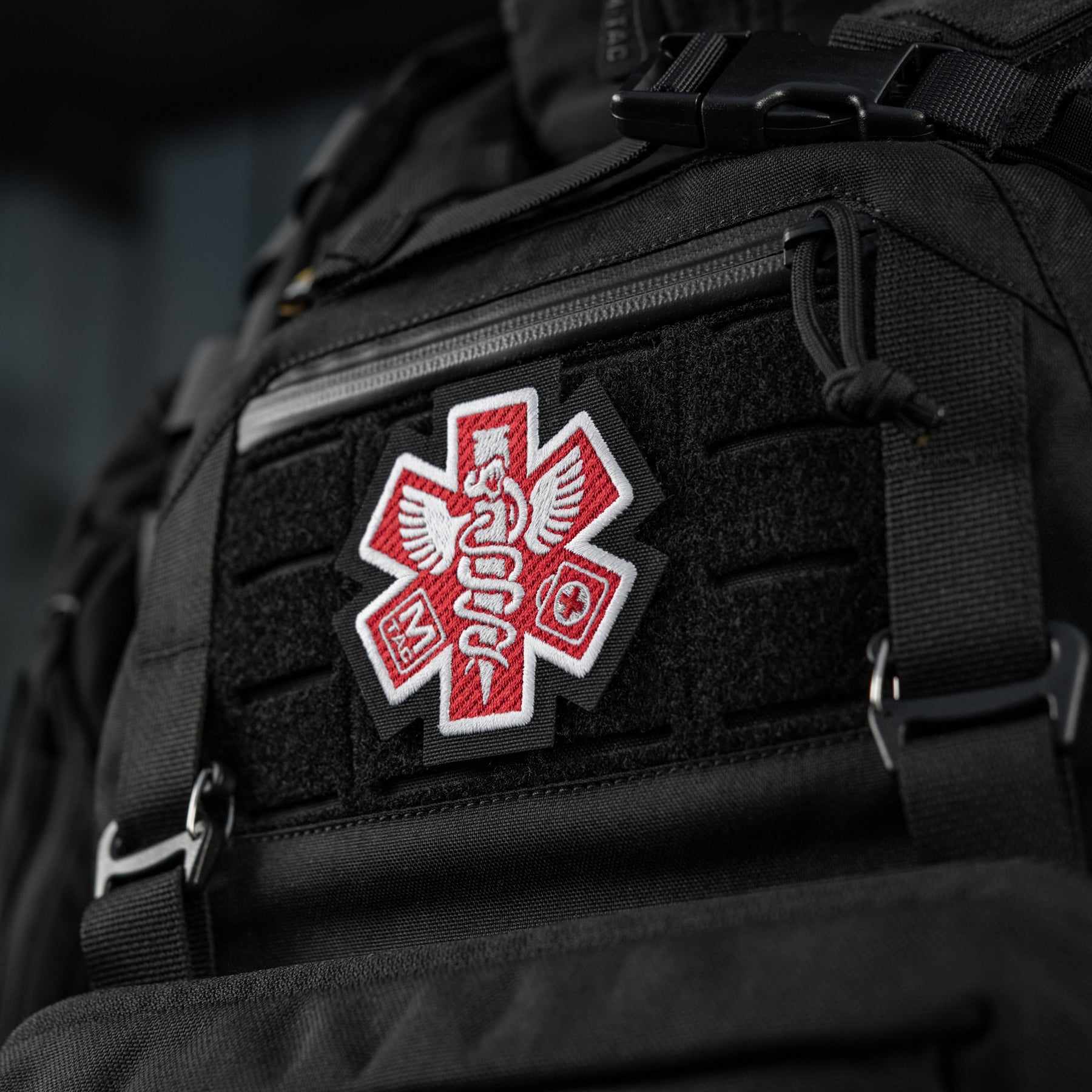 M-Tac embroidered paramedic patch in black, featuring detailed stitching and a bold design for uniforms or gear.