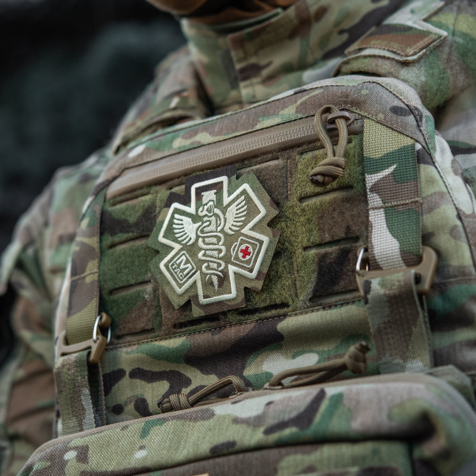 M-Tac Paramedic embroidered patch in Multicam design, featuring detailed stitching and emergency medical symbols.