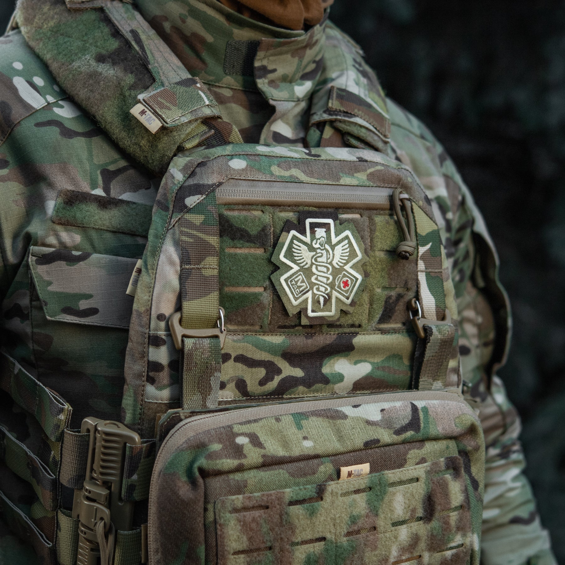 M-Tac embroidered paramedic patch in Multicam design, featuring detailed stitching and a military-style aesthetic.