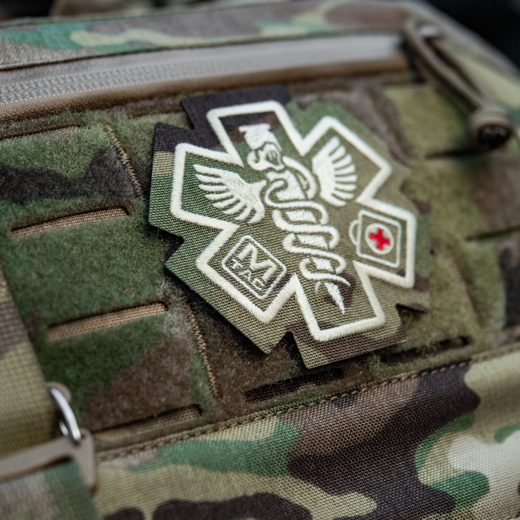 M-TAC embroidered paramedic patch in Multicam design, featuring detailed embroidery and a tactical style.