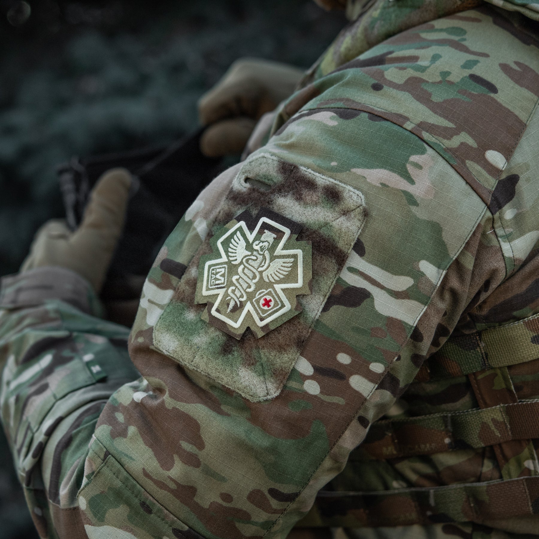 M-Tac embroidered paramedic patch in Multicam design, showcasing detailed stitching and vibrant colors.