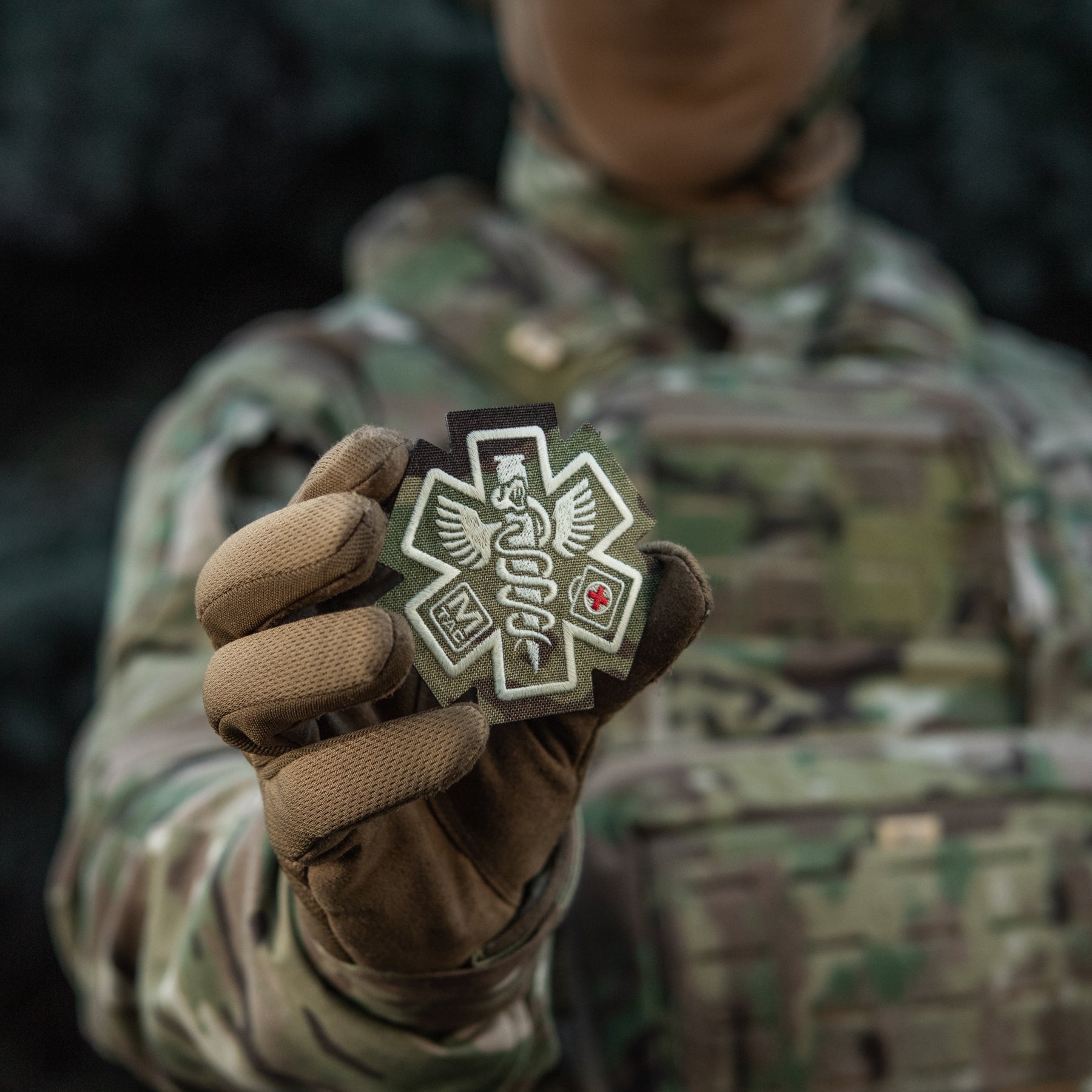 M-Tac Paramedic embroidered patch in Multicam design, featuring detailed stitching and a tactical aesthetic.