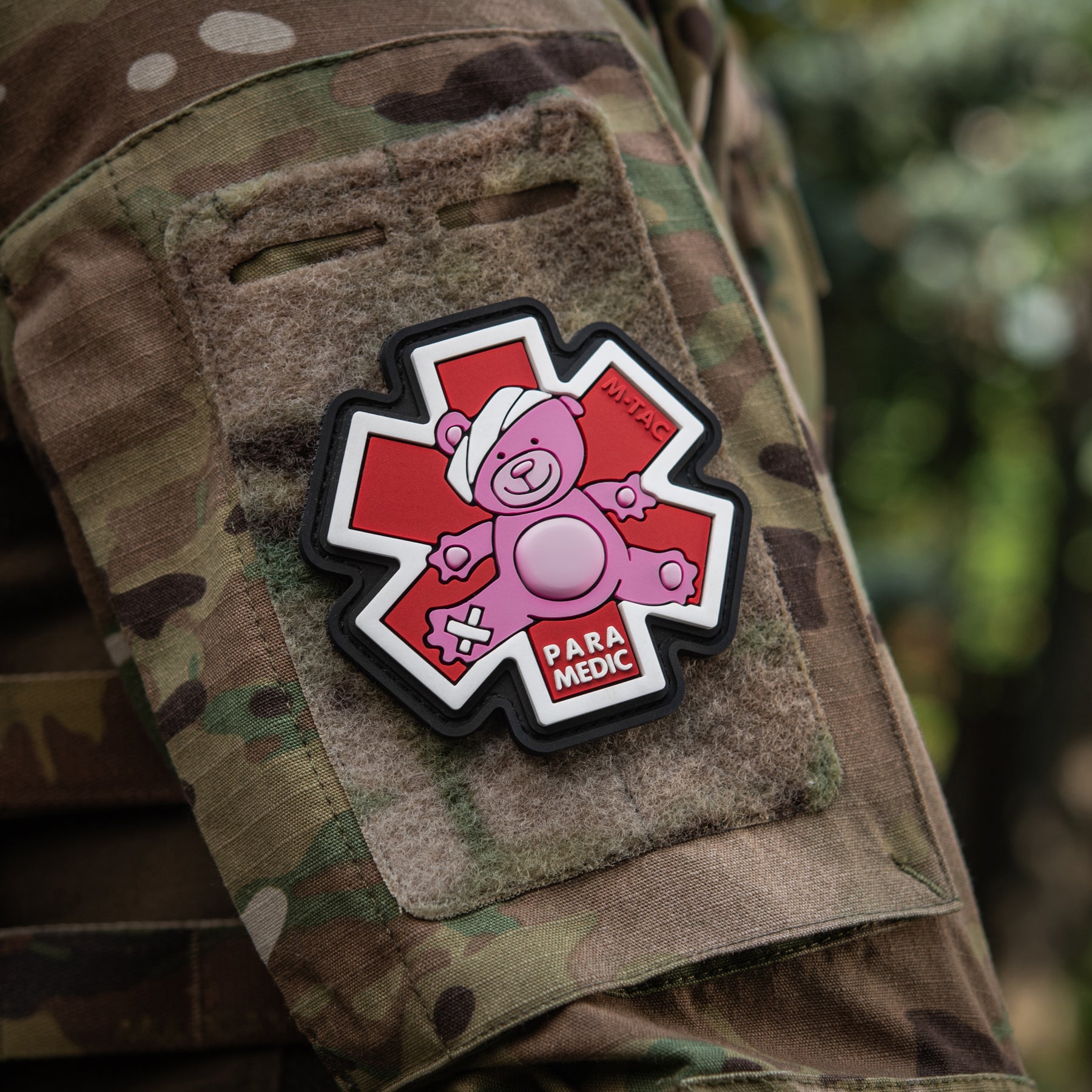 M-TAC Paramedic Bear embroidered patch in pink and black, featuring a cute bear design with medical symbols.