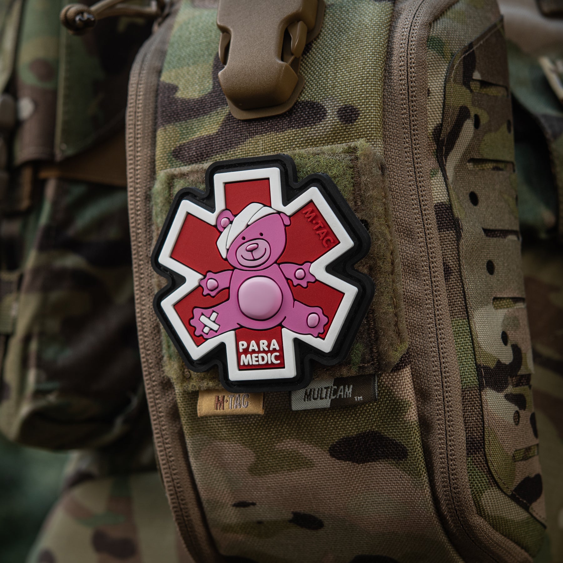 M-Tac embroidered paramedic bear patch in pink and black, showcasing detailed stitching and unique design.