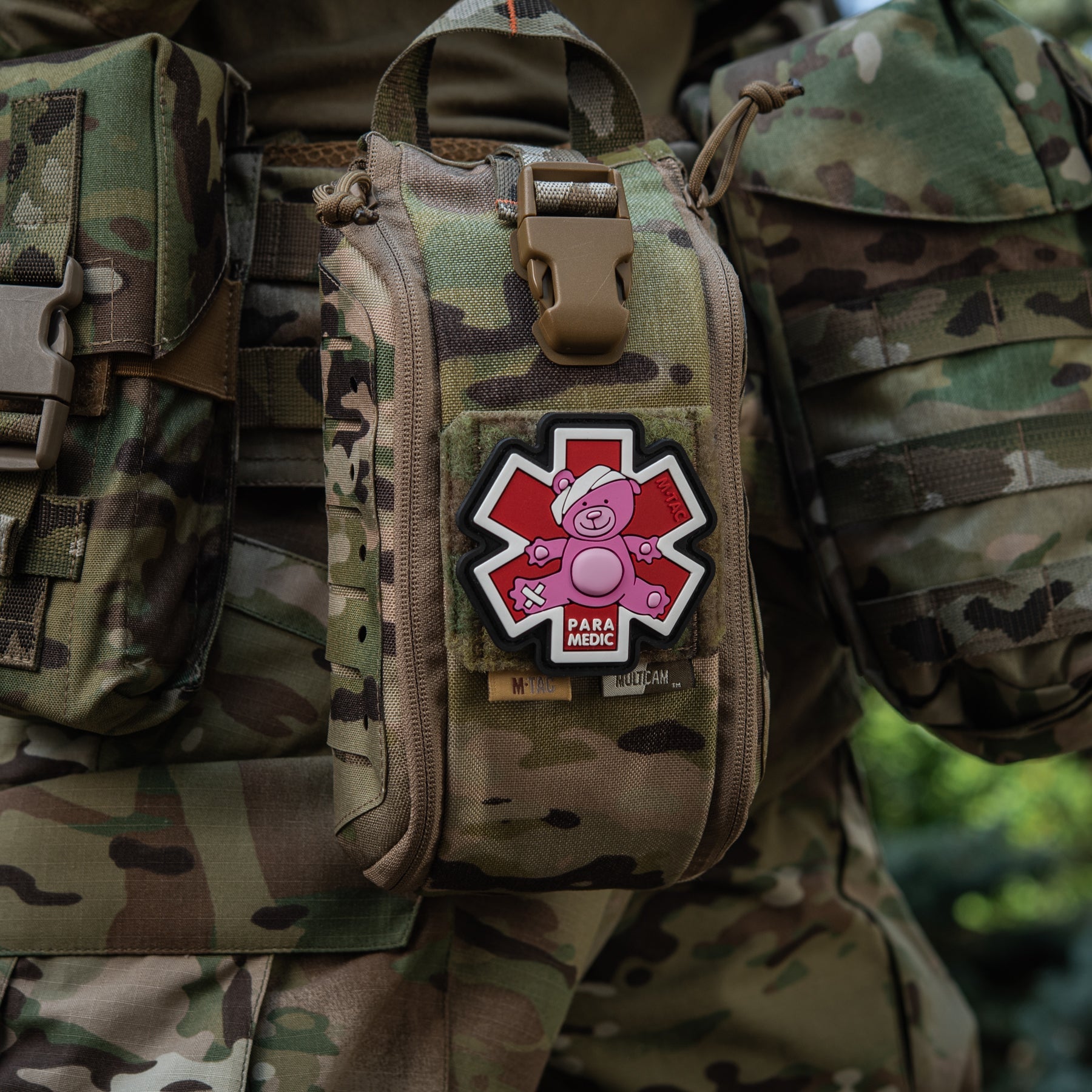 M-TAC Paramedic Bear embroidered patch in pink and black, featuring a cute bear design with medical symbols.