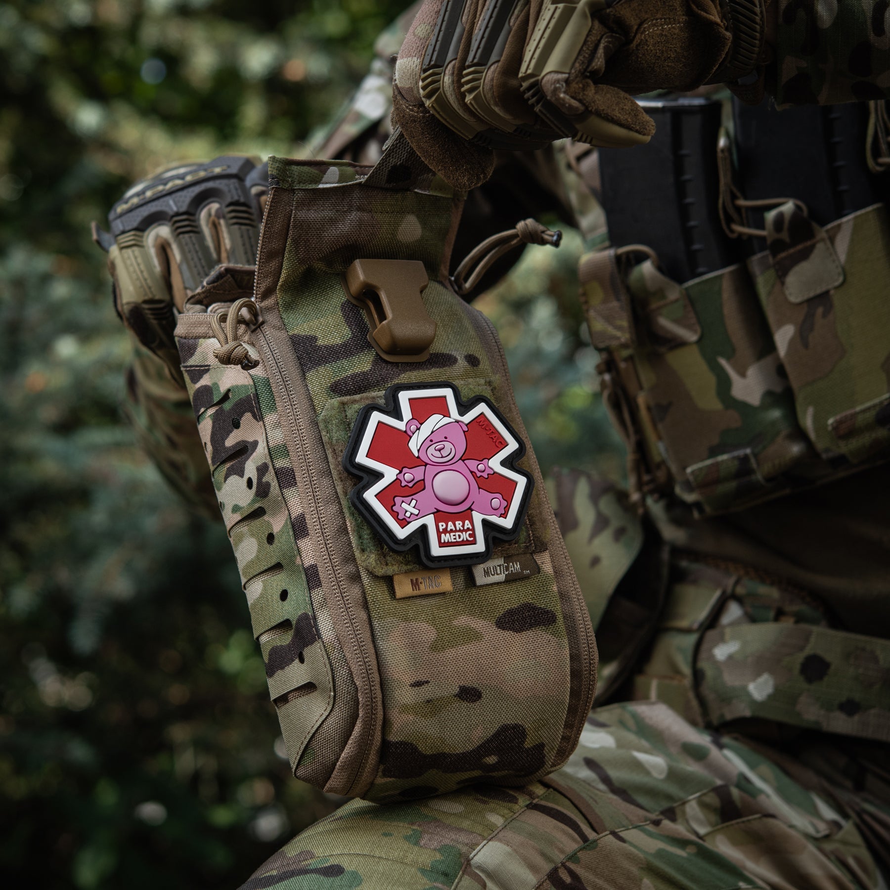 Embroidered M-TAC Paramedic Bear patch in pink and black, featuring a cute bear design for tactical gear.