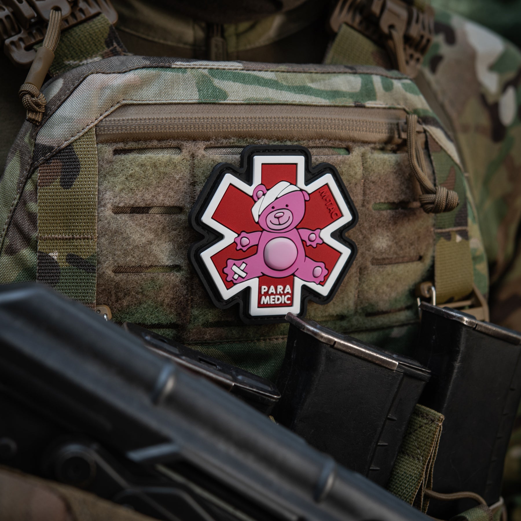 Embroidered M-TAC Paramedic Bear patch in pink and black, featuring a cute bear design for uniforms or bags.