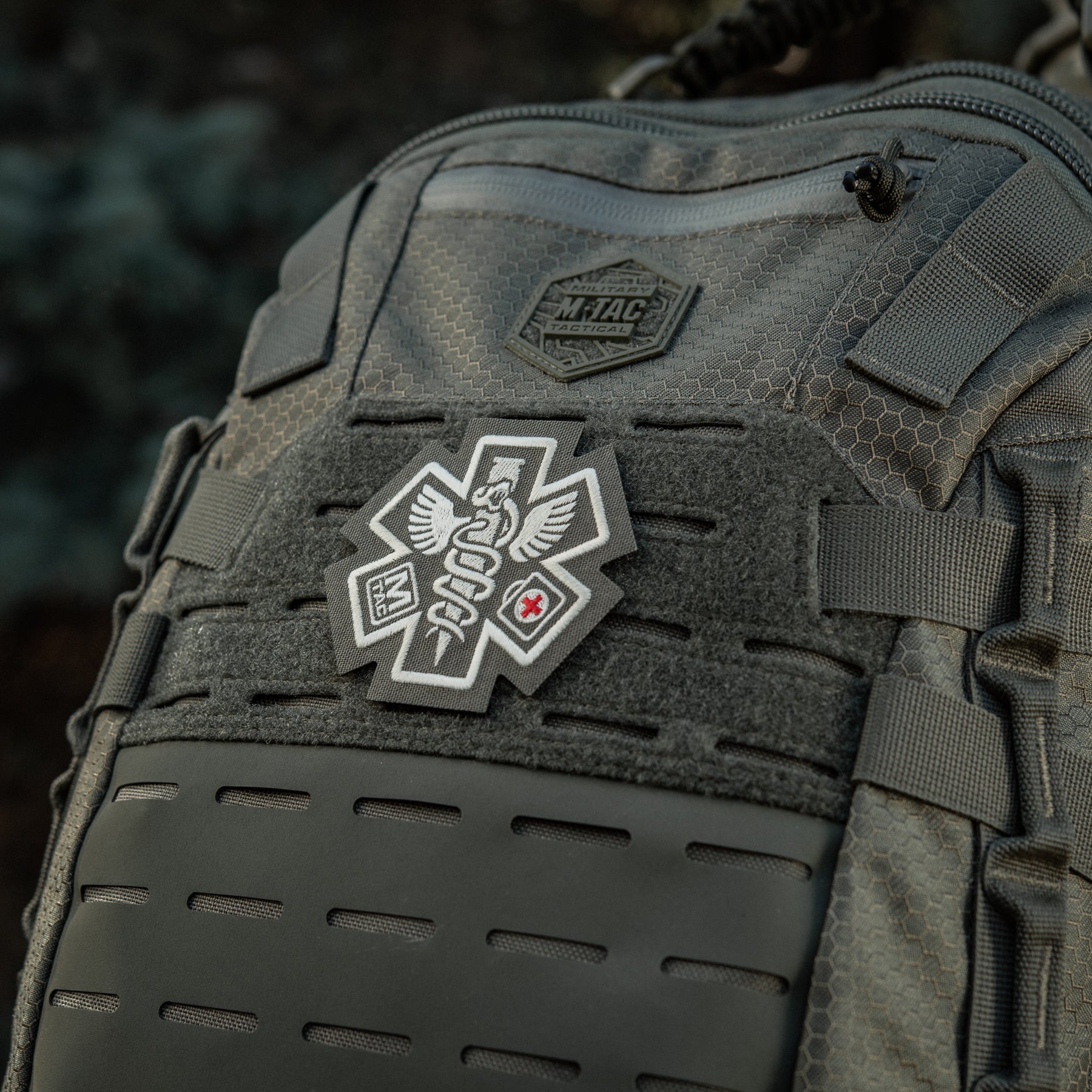 M-Tac Paramedic embroidered patch in ranger green, showcasing detailed medical cross design on durable fabric.