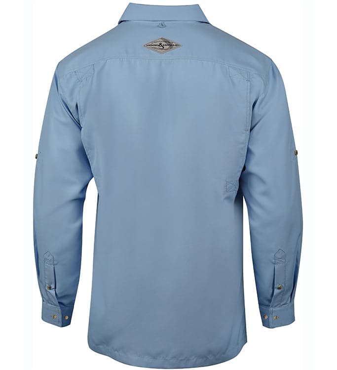 Men's Hook & Tackle Seacliff 2.0 L/S UV vented fishing shirt in light blue with a relaxed fit and ventilation details.