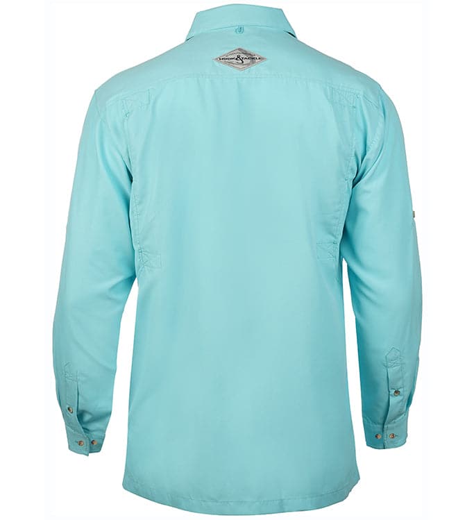 Men's Hook & Tackle Seacliff 2.0 L/S UV vented fishing shirt in light blue with breathable fabric and long sleeves.