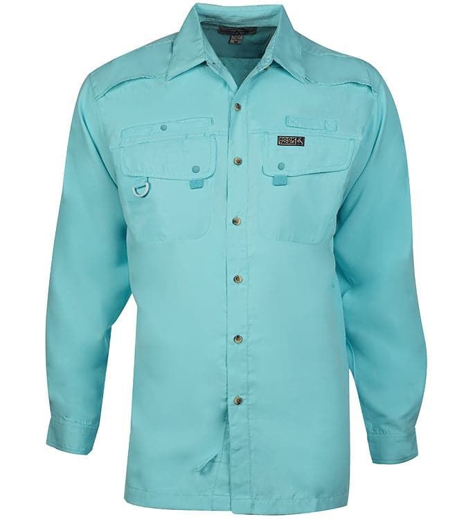 Men's Hook & Tackle Seacliff 2.0 L/S UV Vented Fishing Shirt in light blue, showcasing vented design and long sleeves.