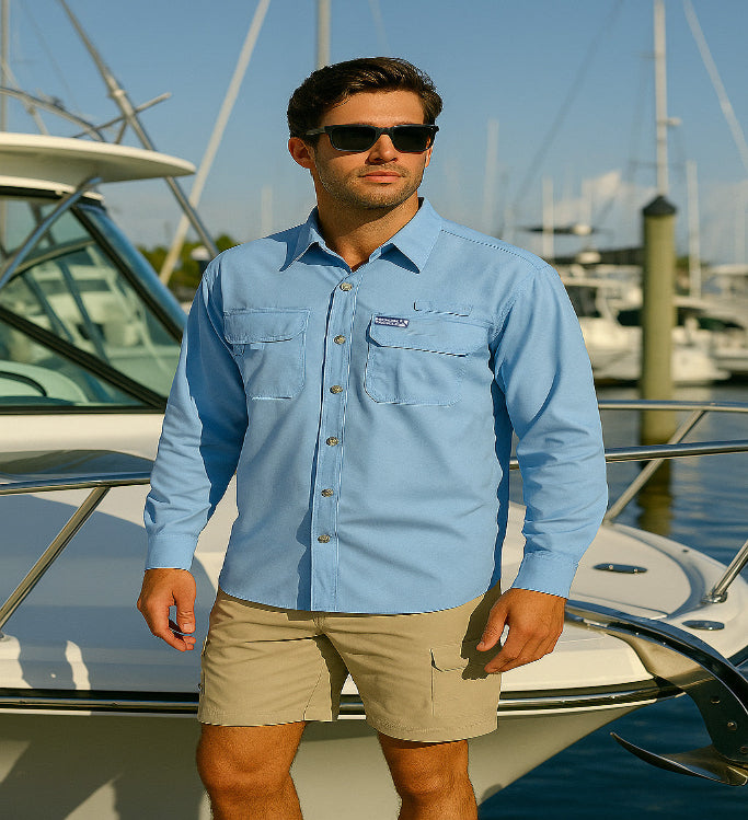 Men's Hook & Tackle Seacliff 2.0 L/S UV vented fishing shirt in sky blue, showcasing lightweight fabric and vented design.