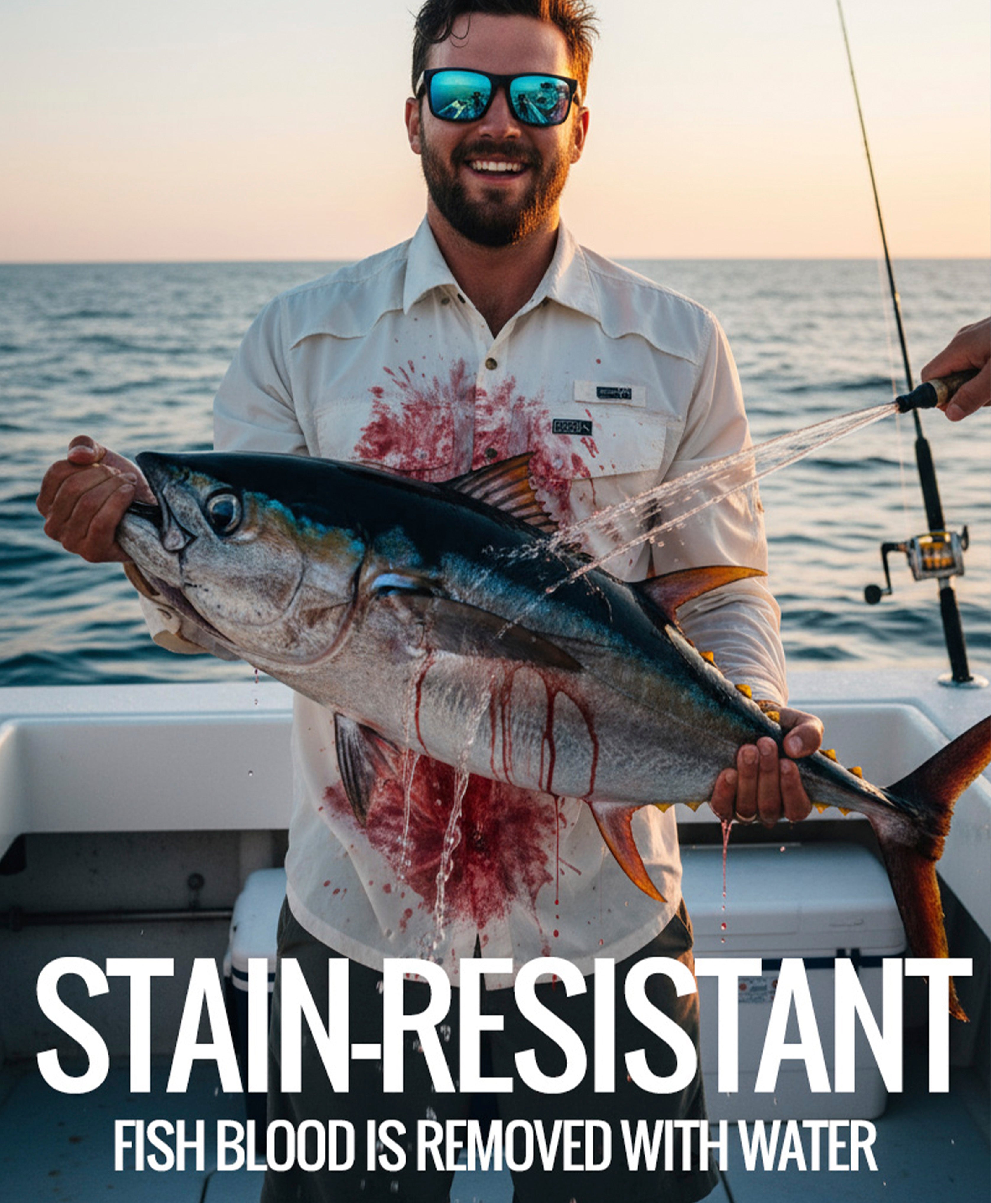 Men's Hook & Tackle Seacliff 2.0 L/S UV vented fishing shirt in a fish blood pattern, showcasing ventilation and long sleeves.