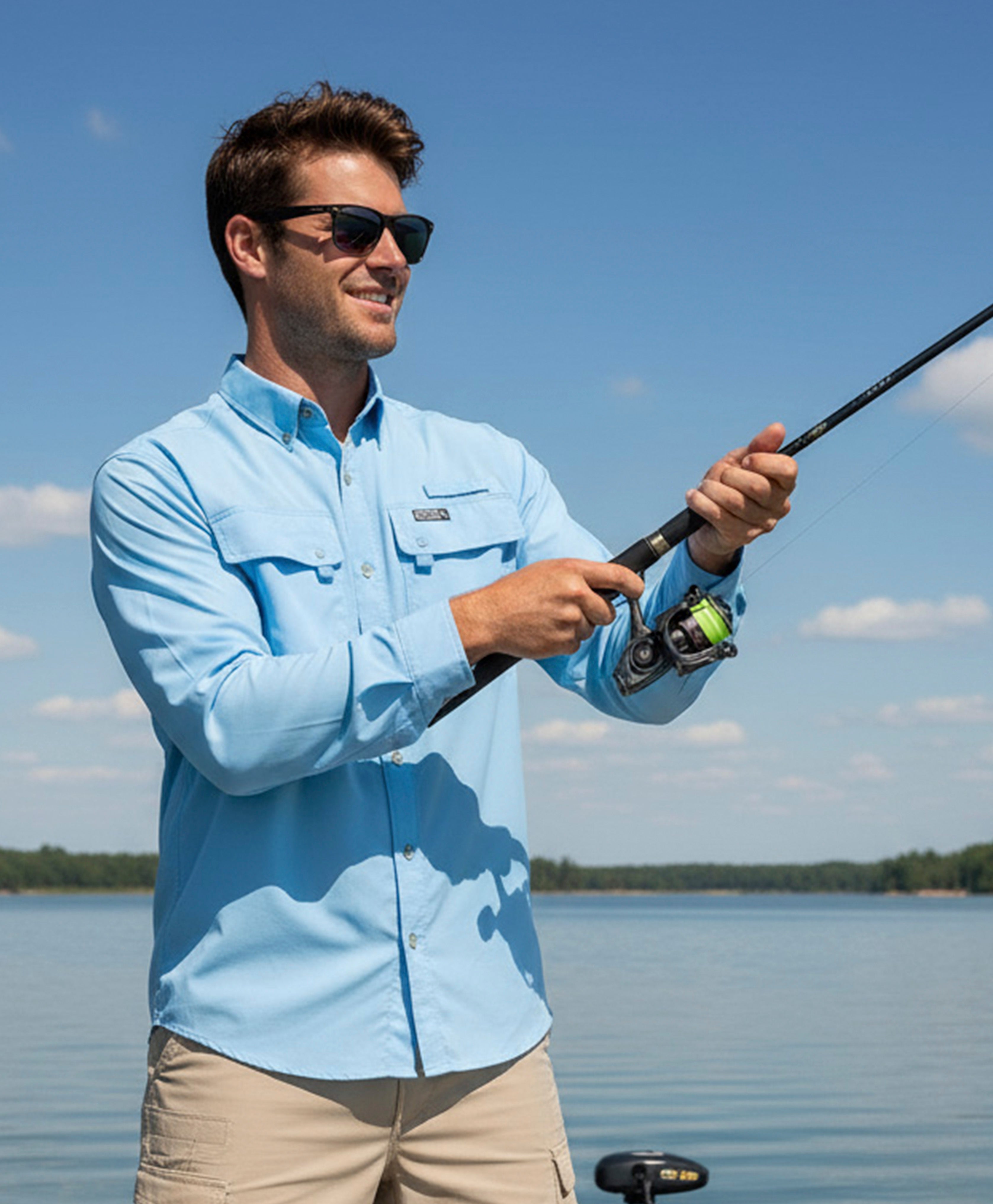 Men's Hook & Tackle Seacliff 2.0 L/S fishing shirt with UV protection and vented design, displayed with a fishing rod.