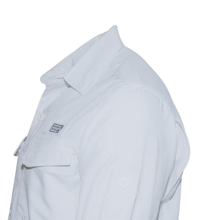 Women's Hook & Tackle Coastline L/S UV Vented Fishing Shirt in light color with ventilation details for comfort.