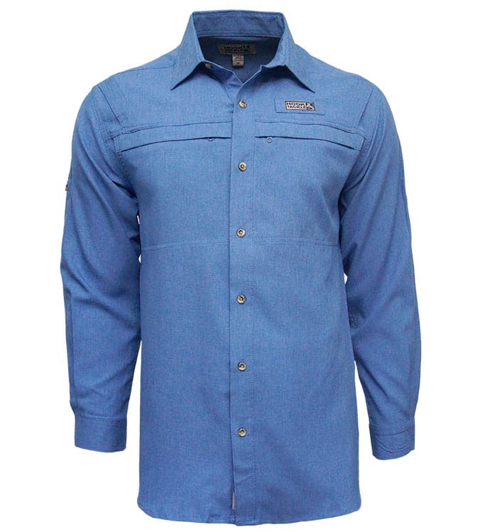 Men's Hook & Tackle Matheson L/S vented fishing shirt in light color, featuring long sleeves and mesh ventilation panels.