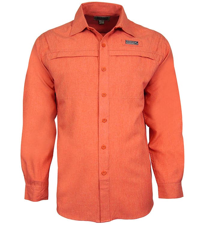 Men's Hook & Tackle Matheson L/S vented fishing shirt in light color, showcasing breathable fabric and long sleeves.