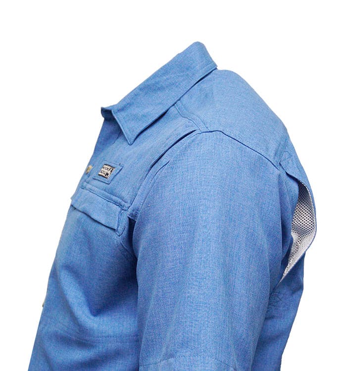 Men's Hook & Tackle Matheson L/S vented fishing shirt in light color, featuring a relaxed fit and breathable fabric.