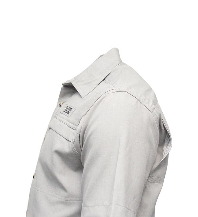 Men's Hook & Tackle Matheson L/S vented fishing shirt in light color, featuring long sleeves and breathable fabric.