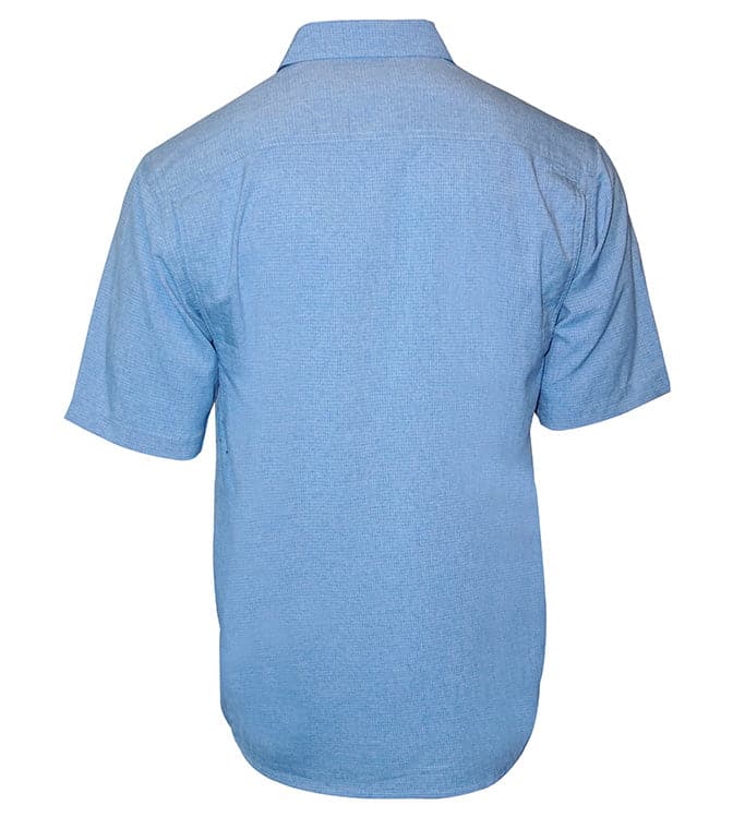 Men's Hook & Tackle Captiva Island short-sleeve UV vented fishing shirt in light blue, showcasing breathable fabric and vented design.