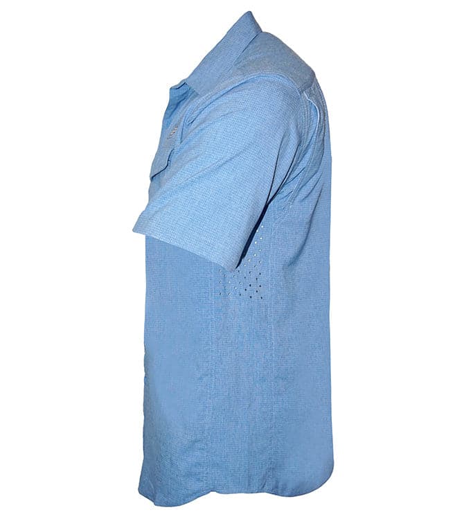 Men's Hook & Tackle Captiva Island short sleeve UV vented fishing shirt in light blue, featuring breathable mesh panels.