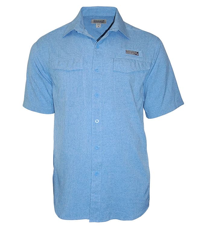 Men's Hook & Tackle Captiva Island short-sleeve UV vented fishing shirt in light color, showcasing breathable fabric and vented design.