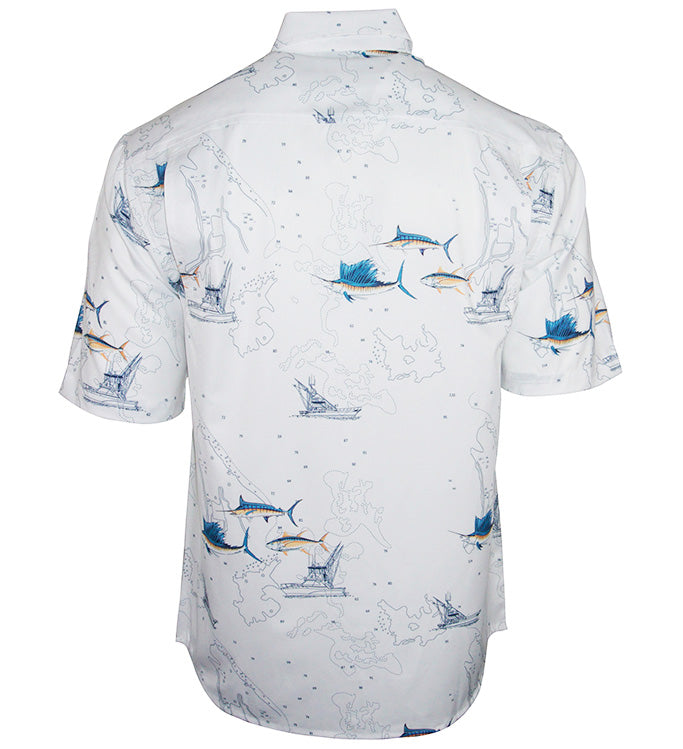 Men's Hook & Tackle marine charts UV vented fishing shirt with breathable fabric and fishing-themed design.