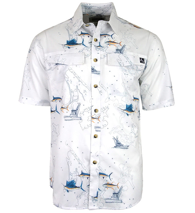 Men's Hook & Tackle UV vented fishing shirt with marine charts design, showcasing breathable fabric and fishing-friendly features.