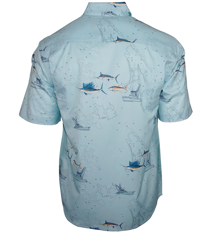 Men's Hook & Tackle Marine Charts UV Vented Fishing Shirt in blue with a breathable design for outdoor fishing activities.